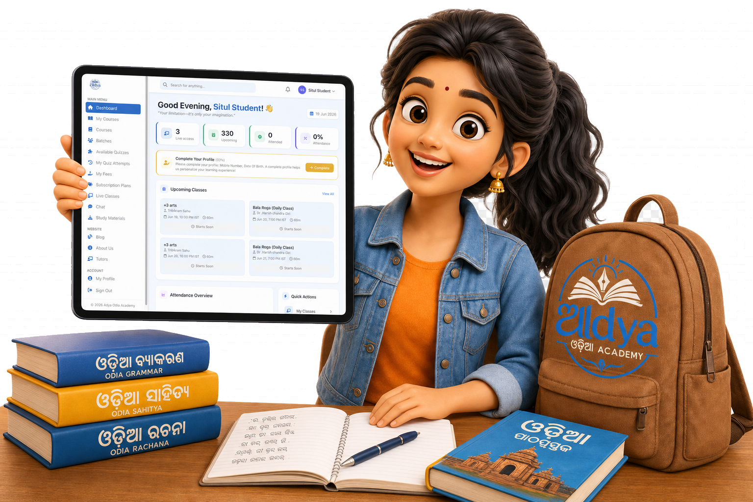 Student learning Odia online on the Adya Odia Academy app